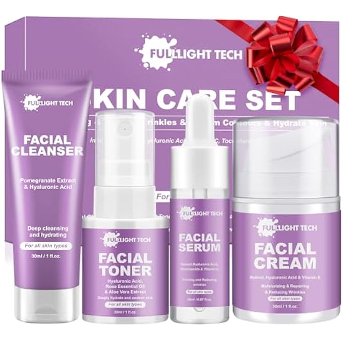 FULLLIGHT TECH SKIN CARE SET,ANTI-AGING BEAUTY GIFT SETS FOR WOMEN TEENS GIRLS,4 PCS GENTLE FACIAL SKIN CARE KIT WITH CLEANSER, TONER,SERUM, FACE CREAM TRAVEL SKINCARE KIT,TSA-FRIENDLY FACE CARE STOCKING STUFFERS - Image 1